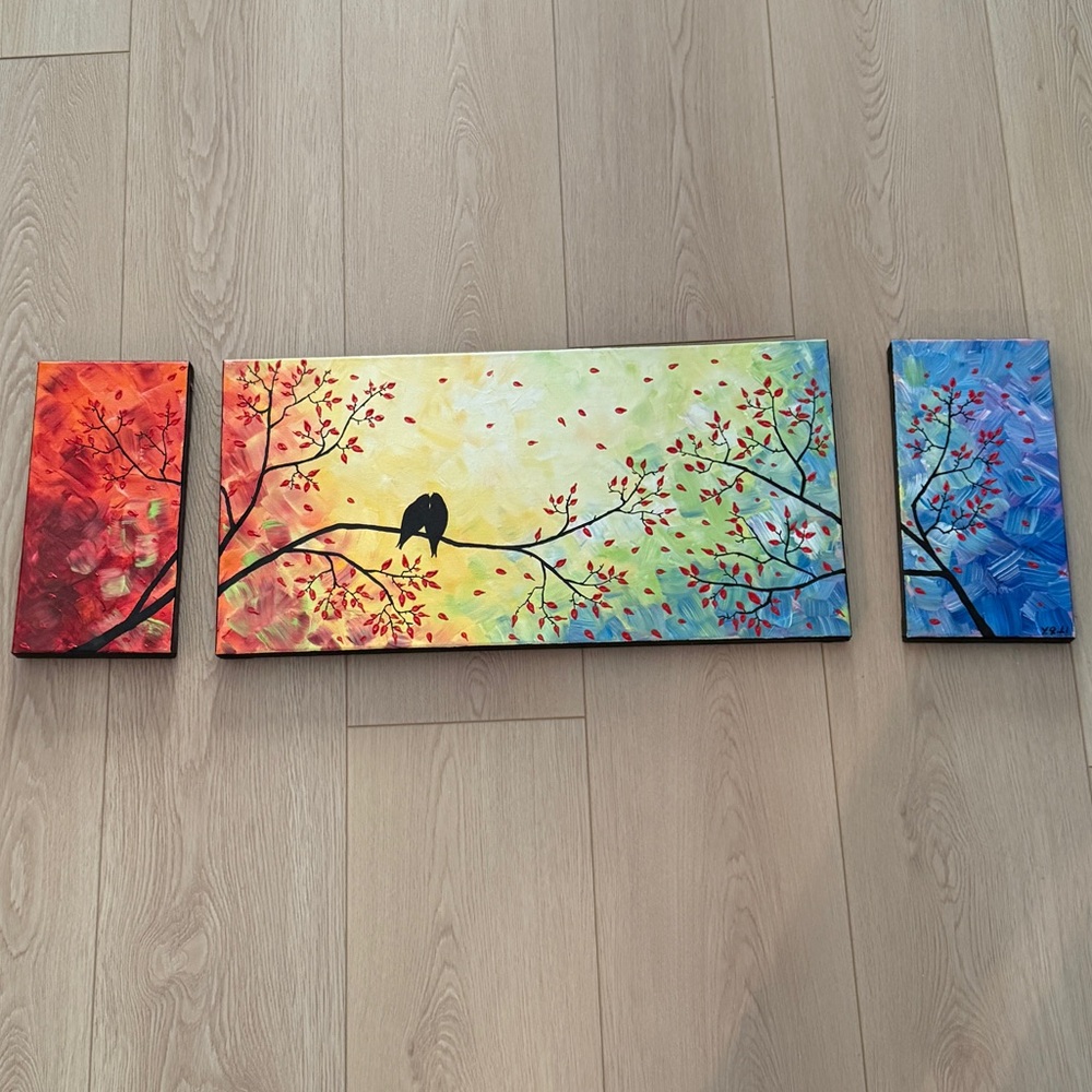 Original Ontario Artist Oil Painting - Vibrant Birds on Tree Triptych